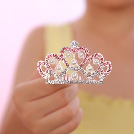 JWICOS Princess Comb Mini Crystal Hair Comb Silver Pearl Hair Comb Rhinestone Wedding Mini Headband Comb for Girls (Pink)