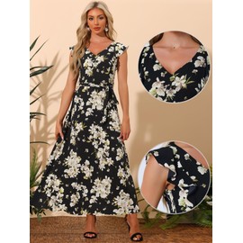 Allegra K Maxi Dresses for Women's Summer Belted Ruffle Slevee Floral Dress Medium Black