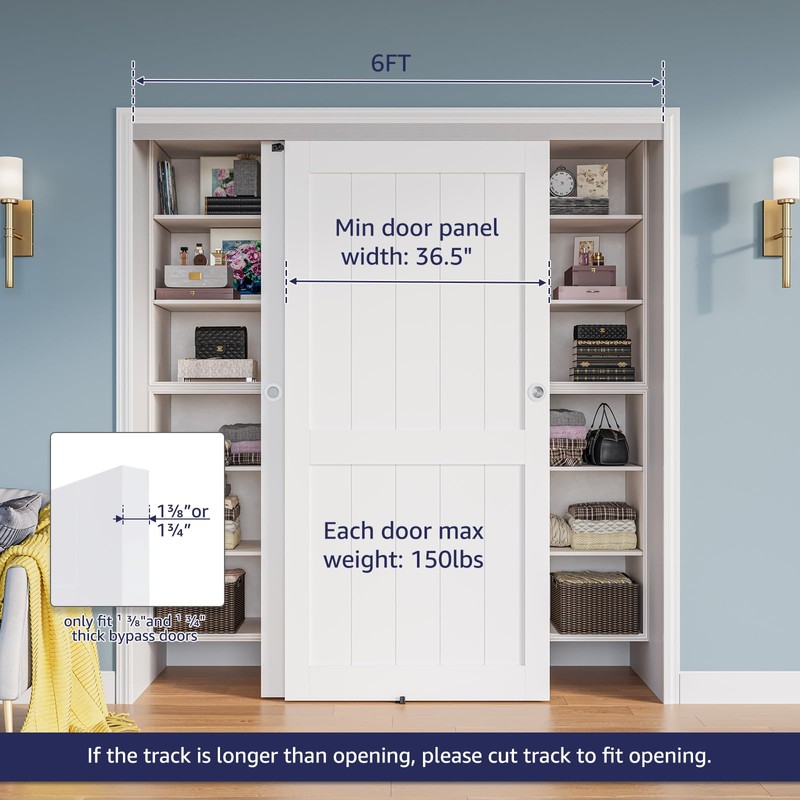 COSHOMER 6FT Bypass Door Hardware, Closet Door Track Kit, Silver