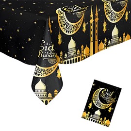 Ramadan tablecloth black, 137 x 274 cm table runner, Ramadan decoration, waterproof tablecloth, moon and star decoration, plastic tablecloth, suitable for Eid Mubarak, Ramadan table decoration