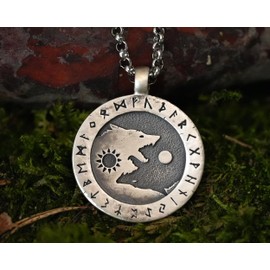 Small 925 Sterling Silver Viking Wolf Yin Yang Necklace With Full Set of Runes For Men and Women - Wolves Fenrir Geri Freki Skoll Hati - Viking Norse Protection Charm With 22 Inch Chain