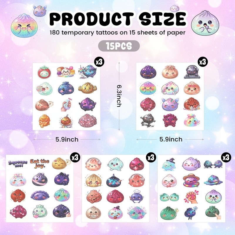 180PCS Squishy Temporary Tattoos, Dumpling Party Favor, 60 Styles