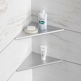 Neodrain 10 Inch Brushed Shower Shelves Corner Shelf for Tile Wall,304 Stainless Steel Corner Shower Shelves for Bathroom, Floating Corner Shelves for Shower Wall, No Drilling(Set of 2