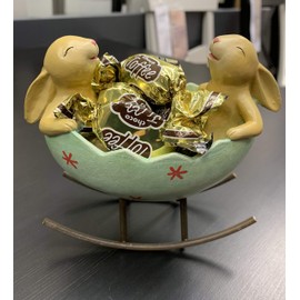 Easter Bunny Decor -Laughing Bunny Rabbits Rocking in an Egg Cradle Figurine Statue, Vintage Rustic Country Bunnies Rabbit Figurine for The Home Cute Bunny Candy Dish
