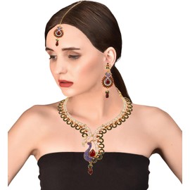 Touchstone - Juego de collar de boda de diseño indio de Bollywood tradicional de artesanía mogol, en tono dorado envejecido o blanco para mujer., Diamante de imitación, Sin piedra preciosa