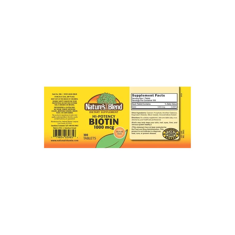 Nature's Blend Biotina Alta Potencia 1,000 Mcg 100 Tabletas