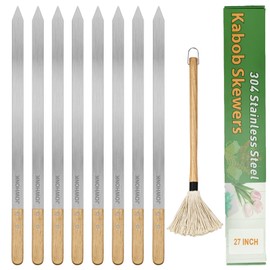 JOWHONK 27 Inch Extra Long 1 Inch Wide Kabob Skewers for Grilling, Premium 304 Stainless Steel Barbecue Skewer with Wood Handle,Metal Flat Kebab Skewers include 8PCS BBQ Skewer,1PCS Grill Mop Brush
