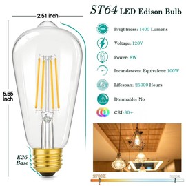 LED Light Bulbs 8W Edison Bulbs 100 Watt Equivalent, Vintage ST64 LED Light Bulbs 1400LM, E26 Medium Base, Antique Clear Glass Filament Bulbs, 2700K Warm White with 90+ CRI, Non-Dimmable, 8-Pack