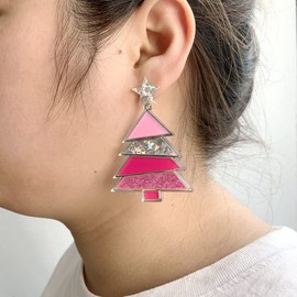 Christmas Gifts Christmas Tree Earring for Women, Glitter Acrylic Star Earrings Lightweight Xmas Holiday Colorful Festive Favors Decor Accessories Birthday Gifts-A Pink