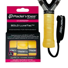 Padel Vibes® BOLD LuxeTac™ Overgrip for Padel, Tennis, Badminton, Squash, Pickleball | Leather-Like, Extra Tacky, Sweat-Absorbing, Durable | Available in 1-Pack or 3-Pack (Golden Yellow | 3-Pack)