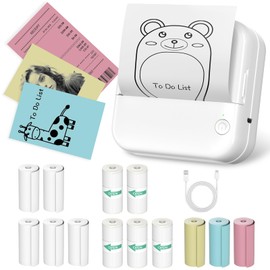 Geyrut Portable Printer Mini Thermal Printer, Inkless Sticker Printer Bluetooth Pocket Label Maker with 13 Rolls Print Paper, Multiple Templates (Pink)