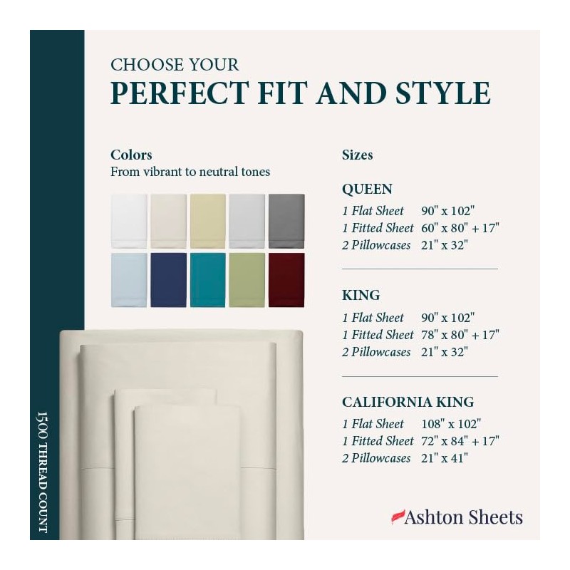 Ashton Sheets 100% Egyptian Cotton Sheets Queen Size - 1500