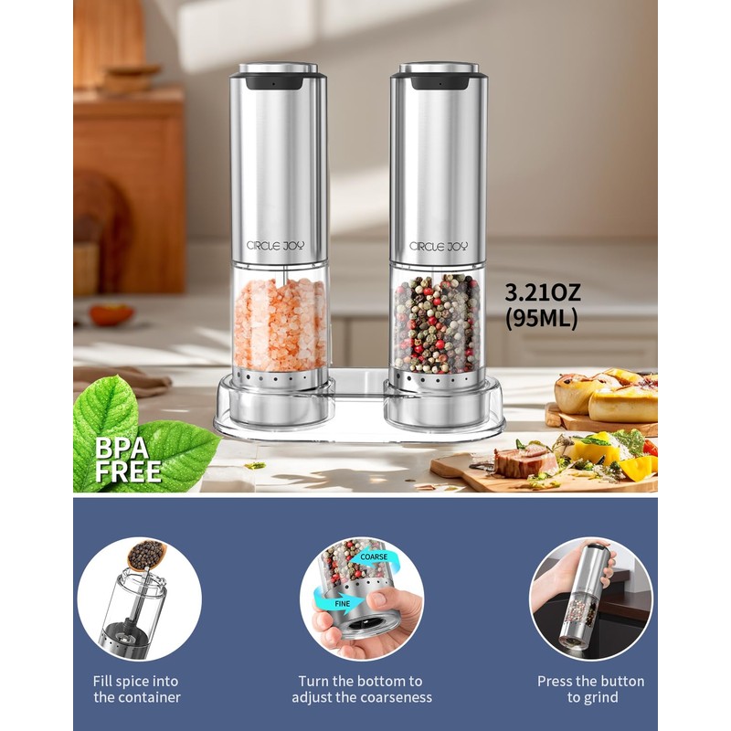 CIRCLE JOY Rechargeable Electric Salt and Pepper Grinder Set with