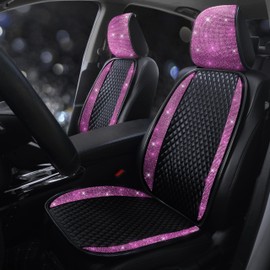 Pirador Luxury PU Leather Car Seat Cover Protector Bling Rhinestones Diamond Front Auto Seat Protector Pad for Girls Women or Ladies Auto Sparkling Crystal Universal Interior Accessories Pink 2Seats