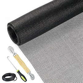 Screen Repair Kit Easy DIY Project 48" x 110" Fiberglass Screen Mesh with Rolling Tool and Screen Retainer Spline Screen Replacement kit for Windows Sliding Doors and Patio Screens (48" x 110", Black)