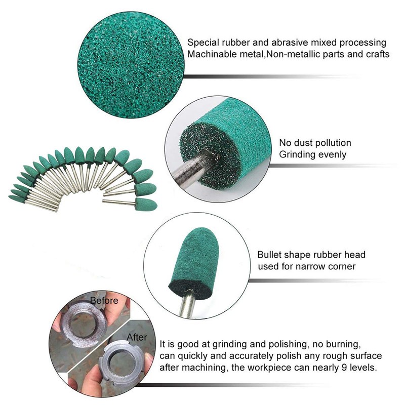 20Pcs Rubber Bullet Head Polishing Burr, 4mm/6mm/8mm/10mm Set, Green Rubber