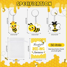 JTAMOHI Teacher Appreciation Gifts, 24 Pack Thank You Bee Employee Appreciation Gift, Thank You Cards Bee Keychain Set with Organza Bag for Women Men Teacher Coworker Staff
