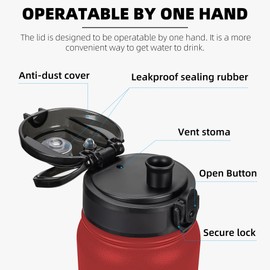 Fanhaw 20 Oz Insulated Stainless Steel Water Bottle with 1 Lid (Chug Lid) - For Kids, Women, Men | Leak & Sweat Proof with Anti-Dust Lid (Red)