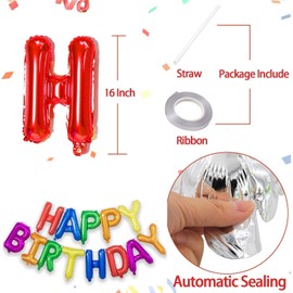 Lumjoy 7 Color Rainbow Happy Birthday Balloons Banner,16 Inch Mylar Foil Letters Sign,Reusable Balloons for Women, Men, Boys & Girls Birthday Decorations Party Supplies