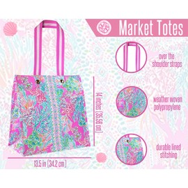 Lilly Pulitzer Pink Market Shopper Bag, Reusable Grocery Tote with Comfortable Shoulder Straps, Seaing Things