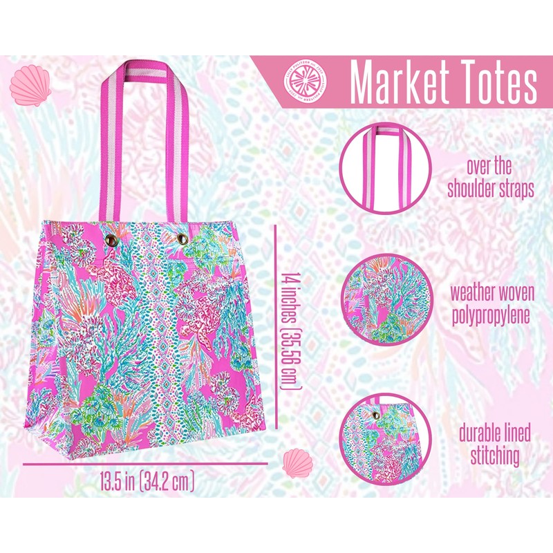 Lilly Pulitzer Pink Market Shopper Bag, Reusable Grocery Tote with