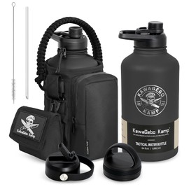 KawaGebo Kamp Half Gallon Tactical Water Bottle With Straw - Battle Bottle - 64 OZ Stainless Steel Water Jug with 3 Lids, Paracord Handle, Molle System
