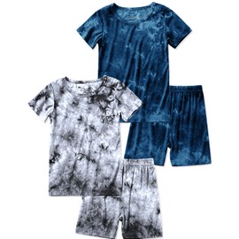 Jimonda Kids Soft Rayon From Bamboo Sleepwear Short Sleeve Boys Girls Pajama Outdoor 4-Piece tops&shorts Casual sets Tie Dye PJ(Navy&Grey,4T)