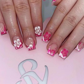 Mkwntg Flower Press on Nails - Short Square Fake Nails French Tip Full Cover Glue on Nails - Glossy White Pink Floral - Spring Summer False Nails - 24Pcs