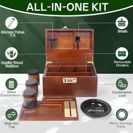 Premium Bamboo Storage Box, Upgraded Piano Coating Surface Decorative Box with Combination Lock, Brown Wooden Box Kit with Sliding-Tray, Metal Plate, Alright Jars and Accessories for Great Gift.