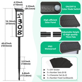 ASOMST Solar Address Sign, Lighted House Number Waterproof, 3-Color LED Illuminated Address Plaque with Stakes, Solar Powered Address Numbers for Outside