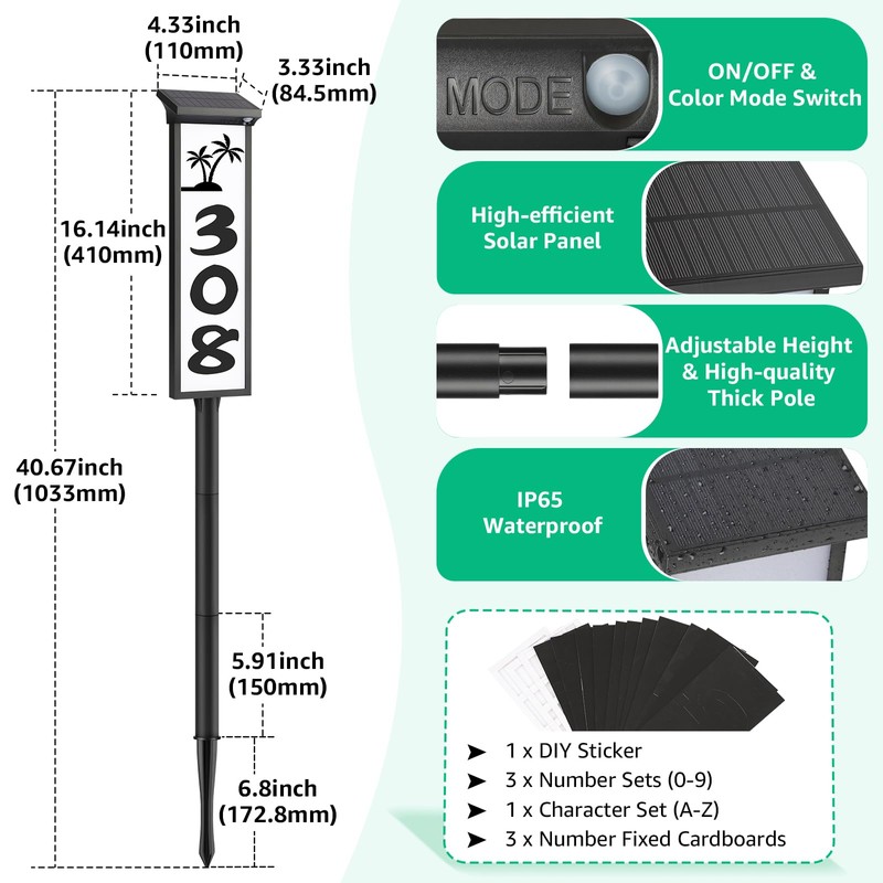 ASOMST Solar Address Sign, Lighted House Number Waterproof, 3-Color LED