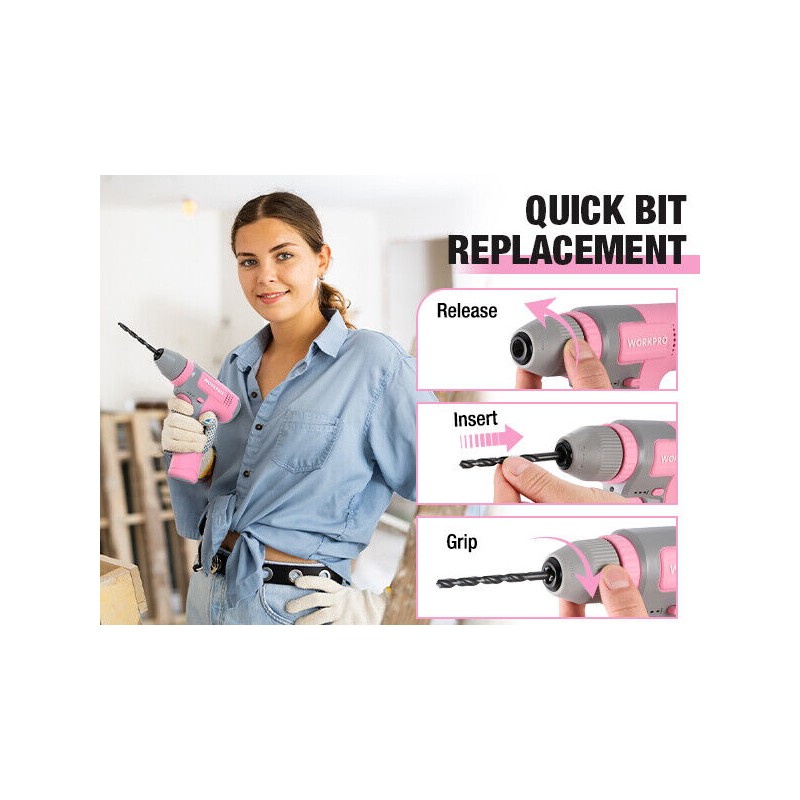 Workpro Pink Cordless 8V Drill Driver Set, 2Ah Electric w/3/8''
