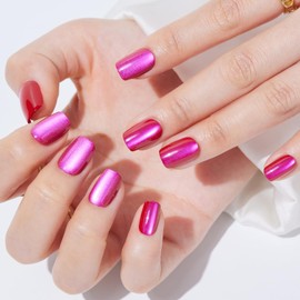 Press On Nails Short Square - Findigit Berry Red Cat Eye, False Nails, Natural Fit Reusable Stick On Fake Nails with Glue | Salon Quality | 16 Sizes - 32 Nails