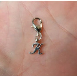 Pemby Studio Initial CURSIVE LETTER K Charm Zipper Pull Keychain Add On Clip Silver Tone