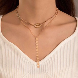 Inilbran Boho Layered Shell Choker Necklace Vintage Coins Y Lariat Necklace Gold Cauri Shell Necklace Disc Sequins Pendant Necklace Jewellery for Women or Girls, Zinc