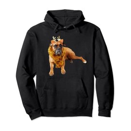 Funny Boxer Photo Reindeer Costume Antlers Christmas Dog Pullover Hoodie