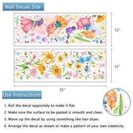 Yovkky Flower Fairy Wall Decals Stickers, Butterfly Girl Elf Wildflower Floral Toddler Baby Nursery Decor, Spring Summer Dragonfly Stars Home Decorations Kids Bedroom Playroom Living Room Art