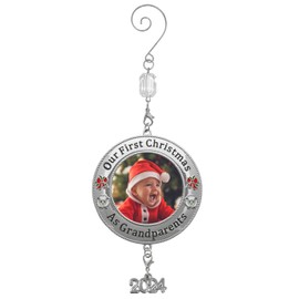 Grandparents Christmas Photo Ornament - 2024 Our First Christmas As Grandparents - Enameled Red Bow and Lamb Accents - Dated Charm and a Decorative Hook - Gift/Storage Bag Included