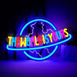 TOPQUALI The World is Yours Neon Sign for Wall Decor, The World is Yours Dimmable Planet LED Neon Light for Office Man Cave Home Bar Bistro Club Cafe Wedding Game Room Bedroom Birthday Graduation Party Gift16.1*10.6 Inch