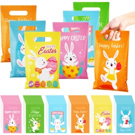 Crtiin 120 Pieces Plastic Easter Gift Bags Large Easter Plastic Tote Bags Easter Candy Goodie Gift Bags with Handles Easter Hunt Bags for Easter Hunt Easter Party Favor Supplies, 6 Designs