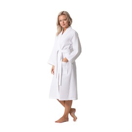 Turkish Linen Waffle Knit Lightweight Kimono Spa & Bath Robes for Women - Quick Dry - Soft (White, Medium)