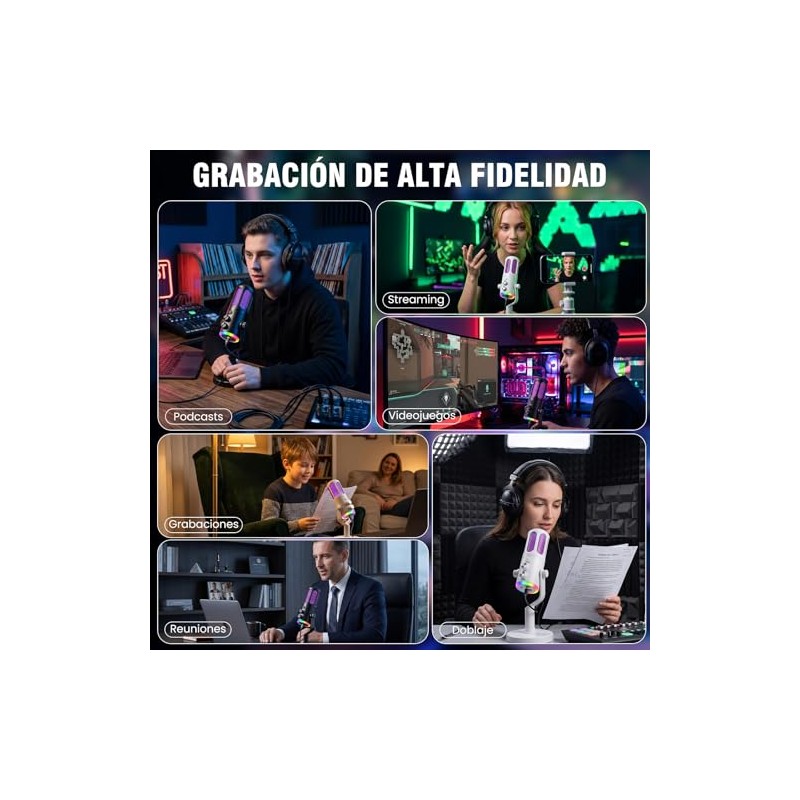 Micrófono PC Condensador USB, Microfono para Gamer, RGB, Reducción ENC