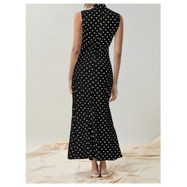 Milumia Women's Polka Dots Maxi Tank Dress Vintage Mock Neck Sleeveless Elegant Long Dresses Black Large