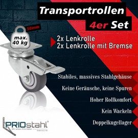 PRIOstahl Transport Castors with Brake, Small, 50 mm Wheels for Furniture, 4 Wheels Set - up to 40 kg per Wheel, Furniture Castors, Swivel Castors Rubber for Pallet Furniture, Cabinet, Transport