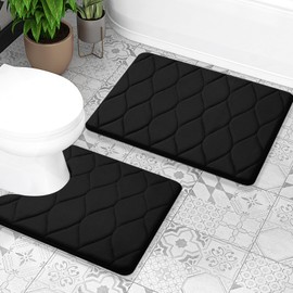 Colorxy Memory Foam Bath Mat Set, Non Slip Super Water Absorption Soft Bathroom Rugs, Thick, Dry Fast, Machine Washable for Bathroom Floor Mat, 24''x20''+24''x16'', Black