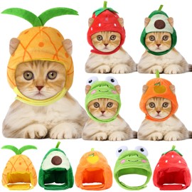 Weewooday 5 Pcs Cat Hat Adorable Costume Bunny Hat with Ears Funny Mane Cat Hat for Cats and Small Dogs Kitten Puppy Party Costume Accessory Headwear (Avocado, Orange, Strawberry, Pineapple, Frog)