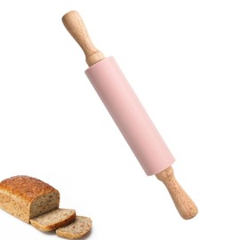Silicone Rolling Pin for Baking With Thickness Rings Wooden Handle Non Stick Surface Dough Rollers Wooden Handle Kitchen Accessories Pastry Roller, 15inch (Pink)