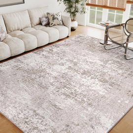 PureCozy Modern Abstract Light Brown Rug 9x12 Machine Washable Area Rug Large Kitchen Indoor Accent Throw Low Pile Carpet Non Slip Distressed Living Dining Room Bedroom Office