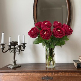 YalzoneMet 3.5'' Big Bloom Red Rose Artificial Flowers 4Pcs Real Touch Rose Faux 17.7 Inch Long Stem Austen Roses Peonies Fake Flowers for Home Kitchen Party Christmas Flower Wedding Decor