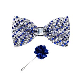 DiBanGu Rhinestone Bow Ties for Men Adjustable Sequin Diamond Pre-tied Bowtie with Ring and Lapel Pin Set for Wedding Party, Royal Blue and Silver